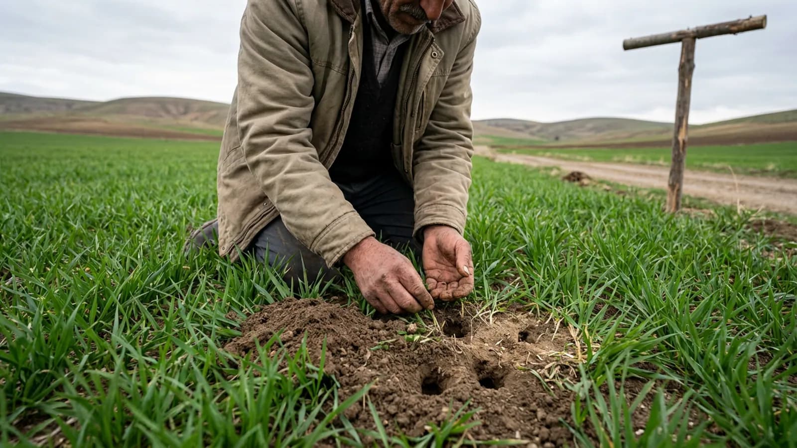 Yeşil buğday tarlasında fare deliklerinin açtığı çıplak yamalar ve diz çökerek deliği inceleyen çiftçi