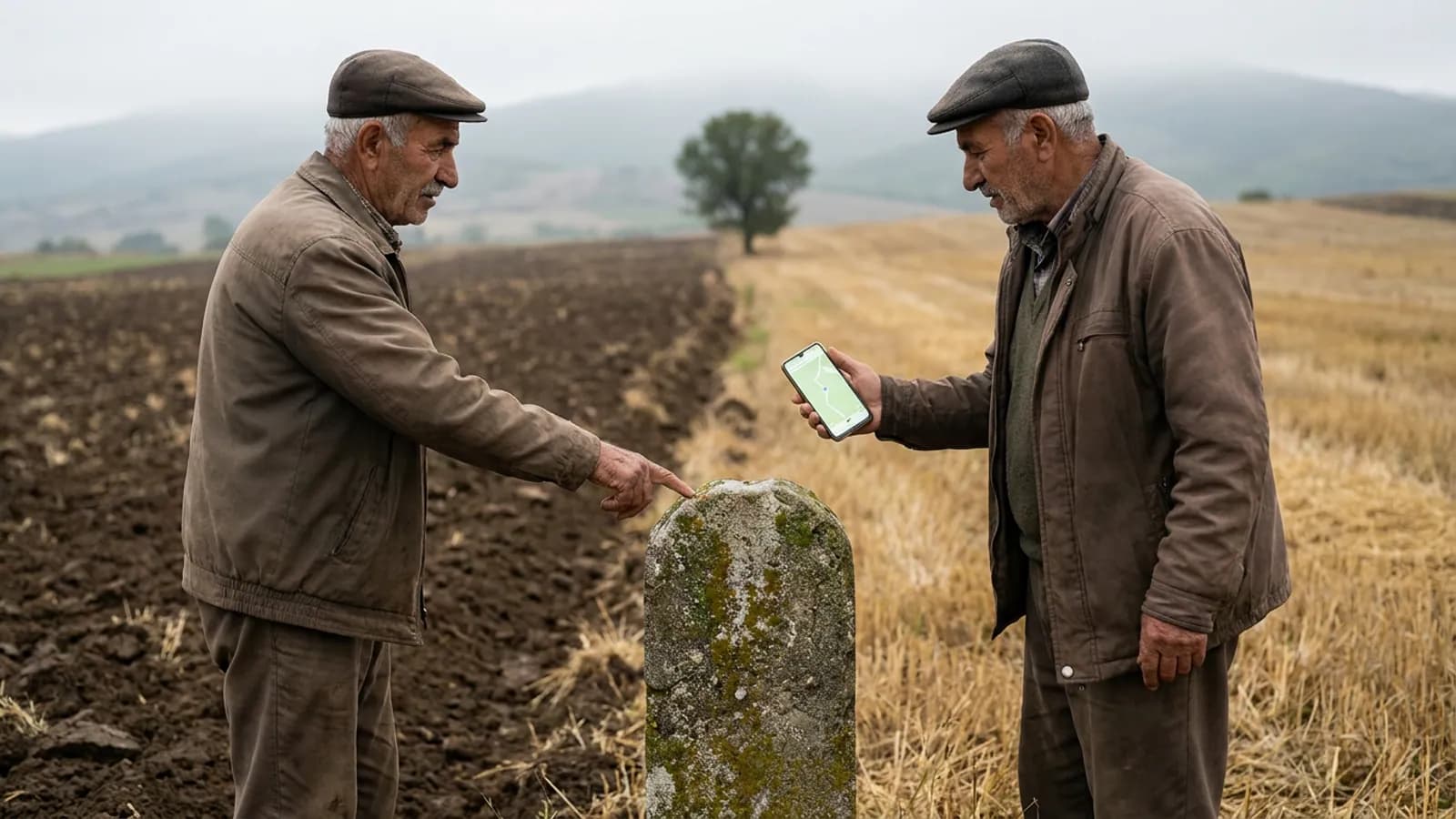 Tarla sınır anlaşmazlığı — iki tarla arasındaki sınırda eski bir sınır taşının yanında duran iki çiftçi ve haritalı telefon