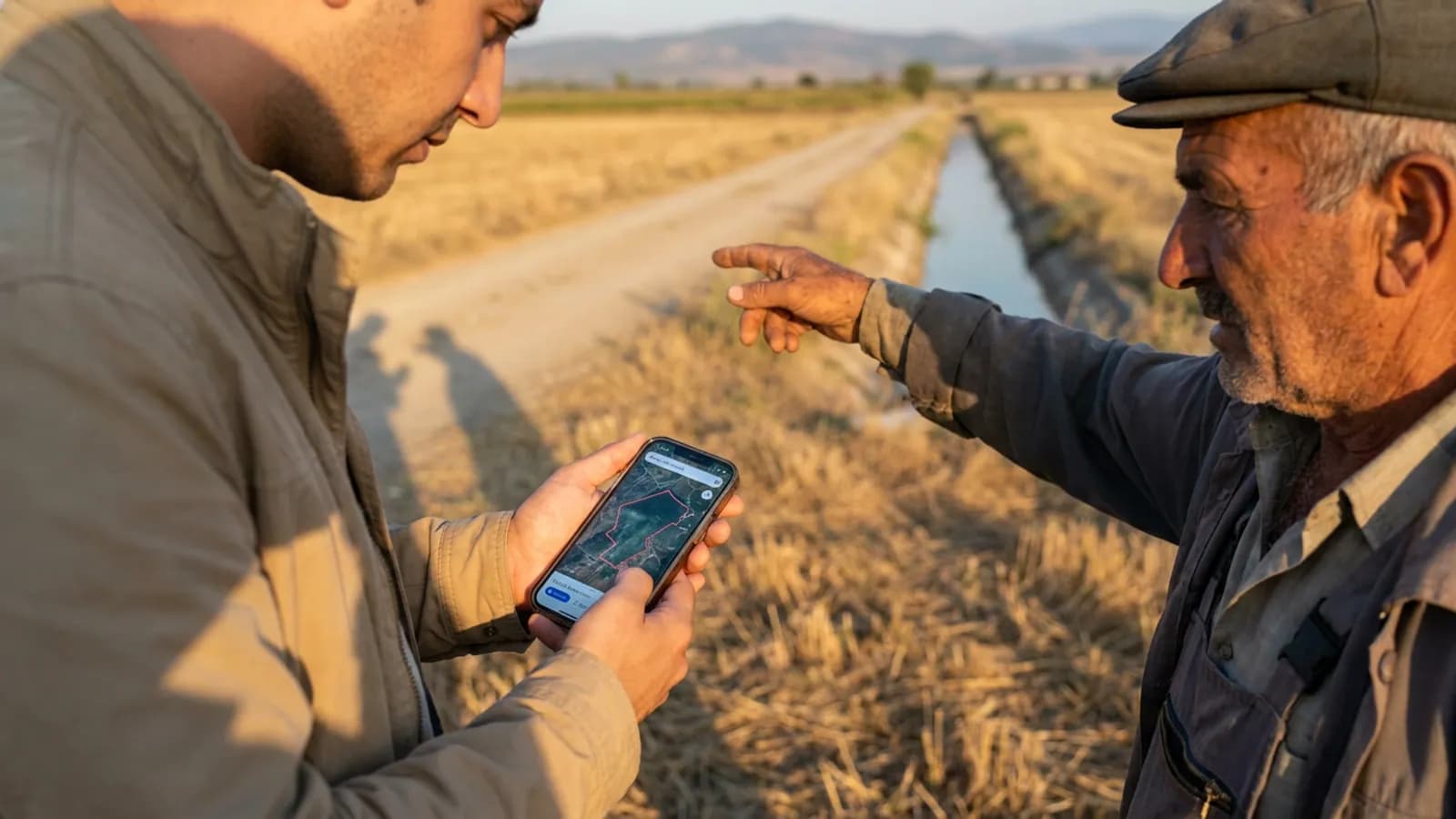 Satılık tarlanın kenarında elinde telefon ve tapu fotokopisiyle araziyi inceleyen alıcı, arkada toprak yol