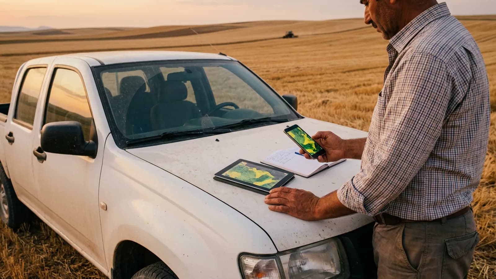 Tarla kenarında kamyonetin kaputuna koyduğu tablet ve telefonda uydu tarla haritalarını karşılaştıran çiftçi
