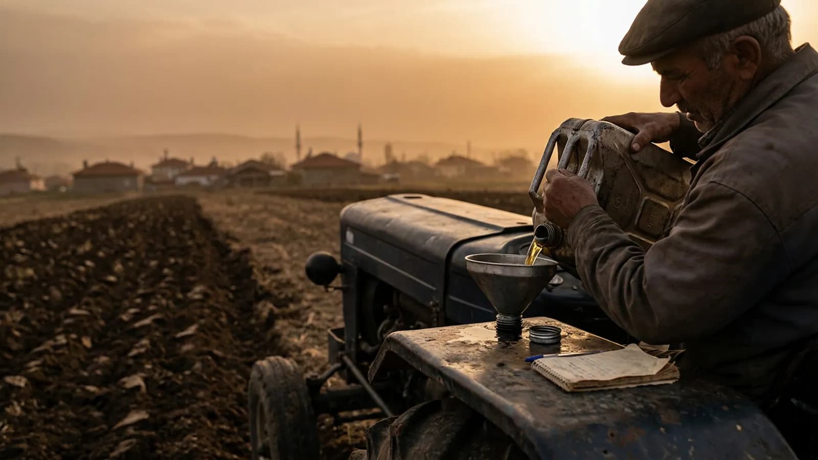 Traktör yakıt takibi — tarla kenarında traktörün deposuna mazot dolduran çiftçi, arkada sürülmüş tarla ve akşam güneşi